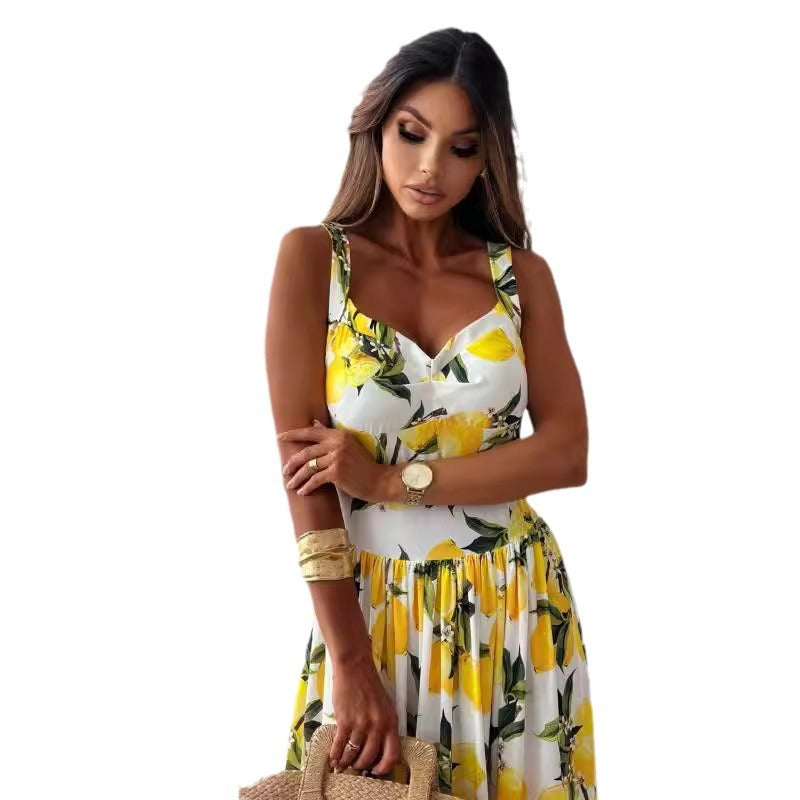 Chic and stylish lemon print high slit maxi dress for women