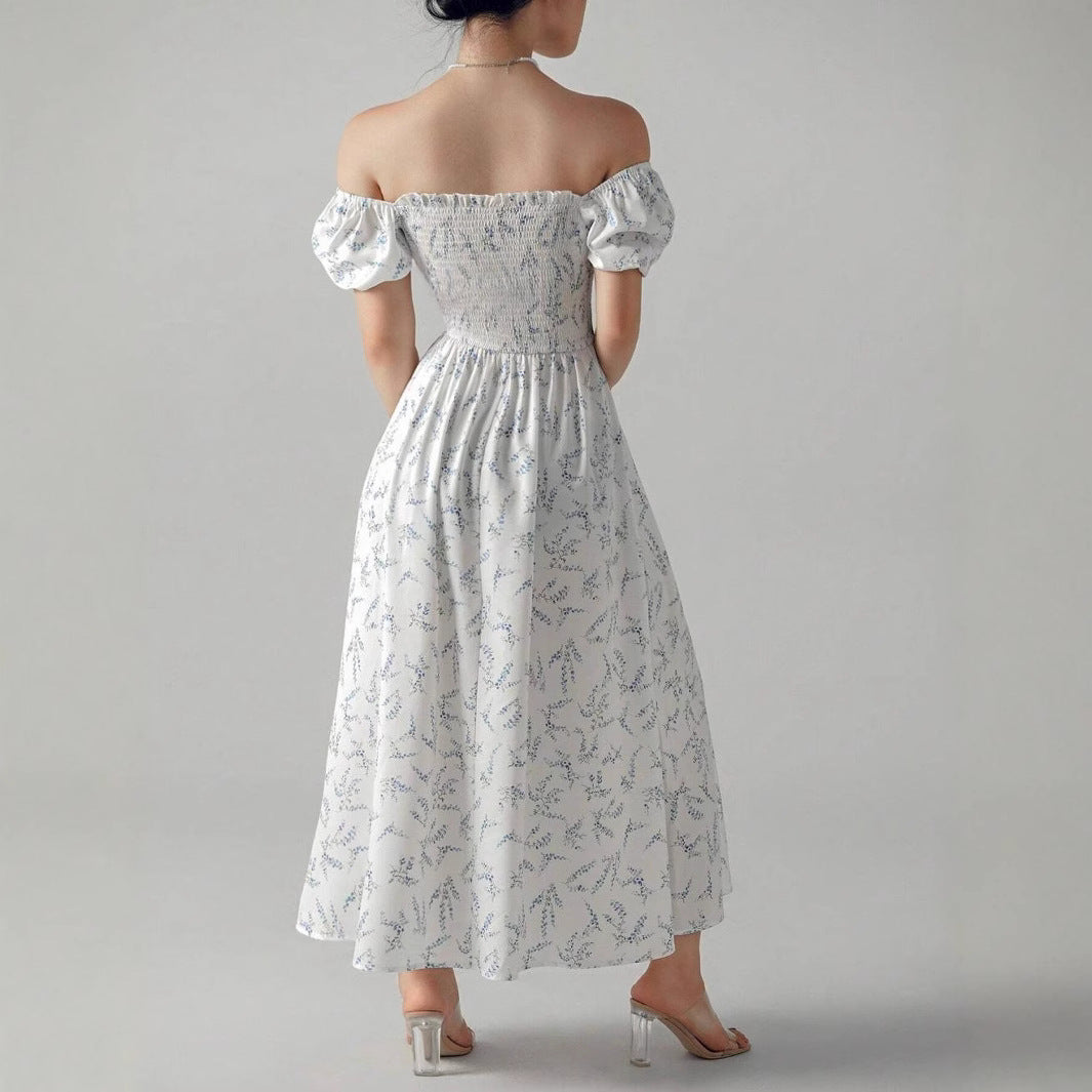 Dames Fleurs Manches Puff Maxi Robe Chic und Stil