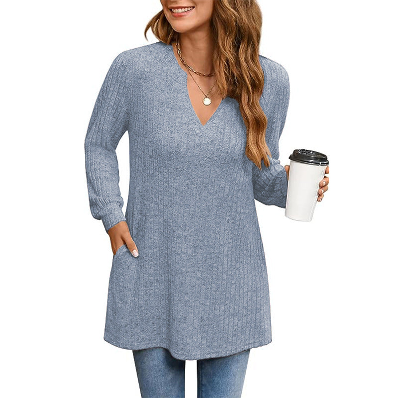 Pull tunique à col V côtelé pour femme Chic und Stil