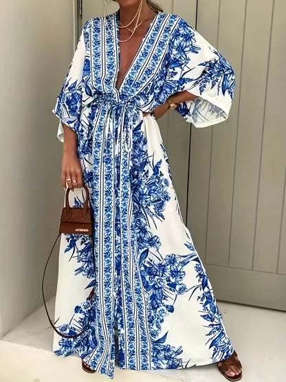 Robe maxi bohème pour femmes avec décolleté en V élégant et ceinture cintrée Chic und Stil