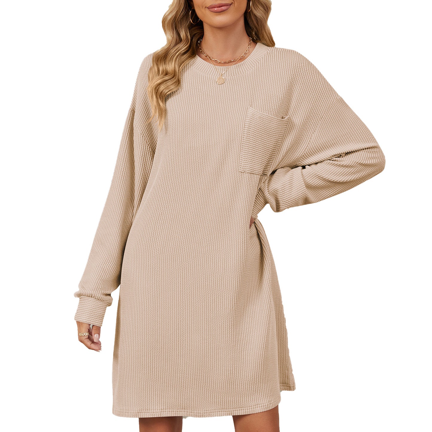 Robe longue décontractée pour femmes à manches longues avec poches pratiques et design structuré moderne Chic und Stil