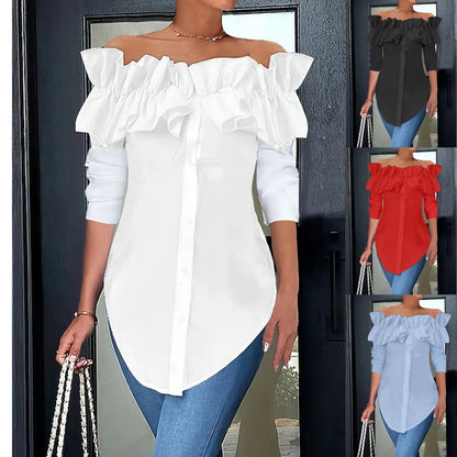Chemisier femme épaules nues avec volants et patte de boutonnage Chic und Stil