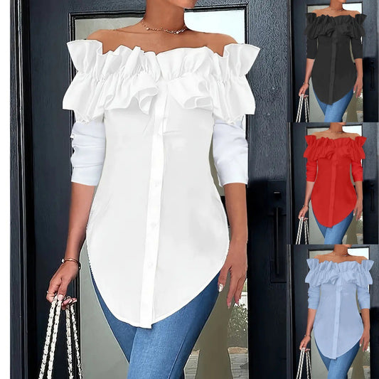 Chemisier femme épaules nues avec volants et patte de boutonnage Chic und Stil