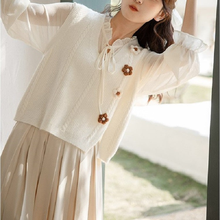 Dames gros tricot gilet avec décolleté en V et accents floraux Chic und Stil