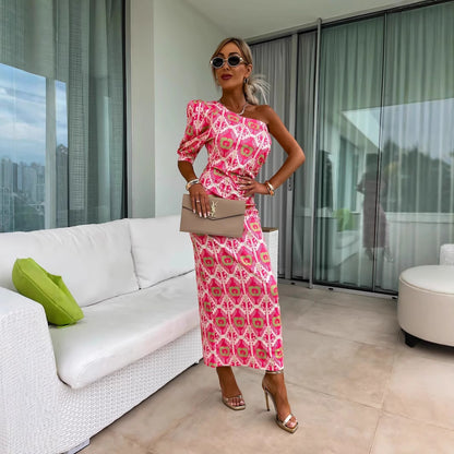 Dames fleurs robe moulante épaule unique Chic und Stil