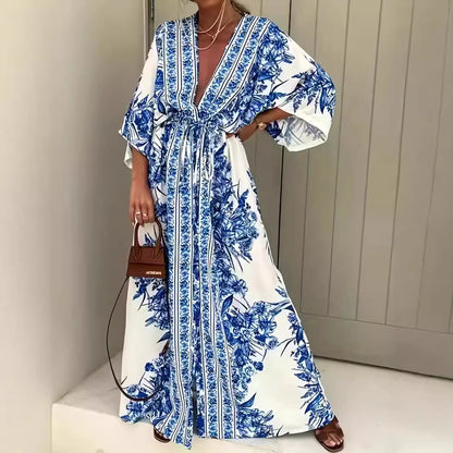 Robe maxi bohème pour femmes avec décolleté en V élégant et ceinture cintrée Chic und Stil