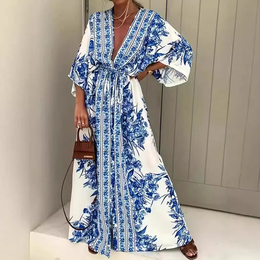 Robe maxi bohème pour femmes avec décolleté en V élégant et ceinture cintrée Chic und Stil