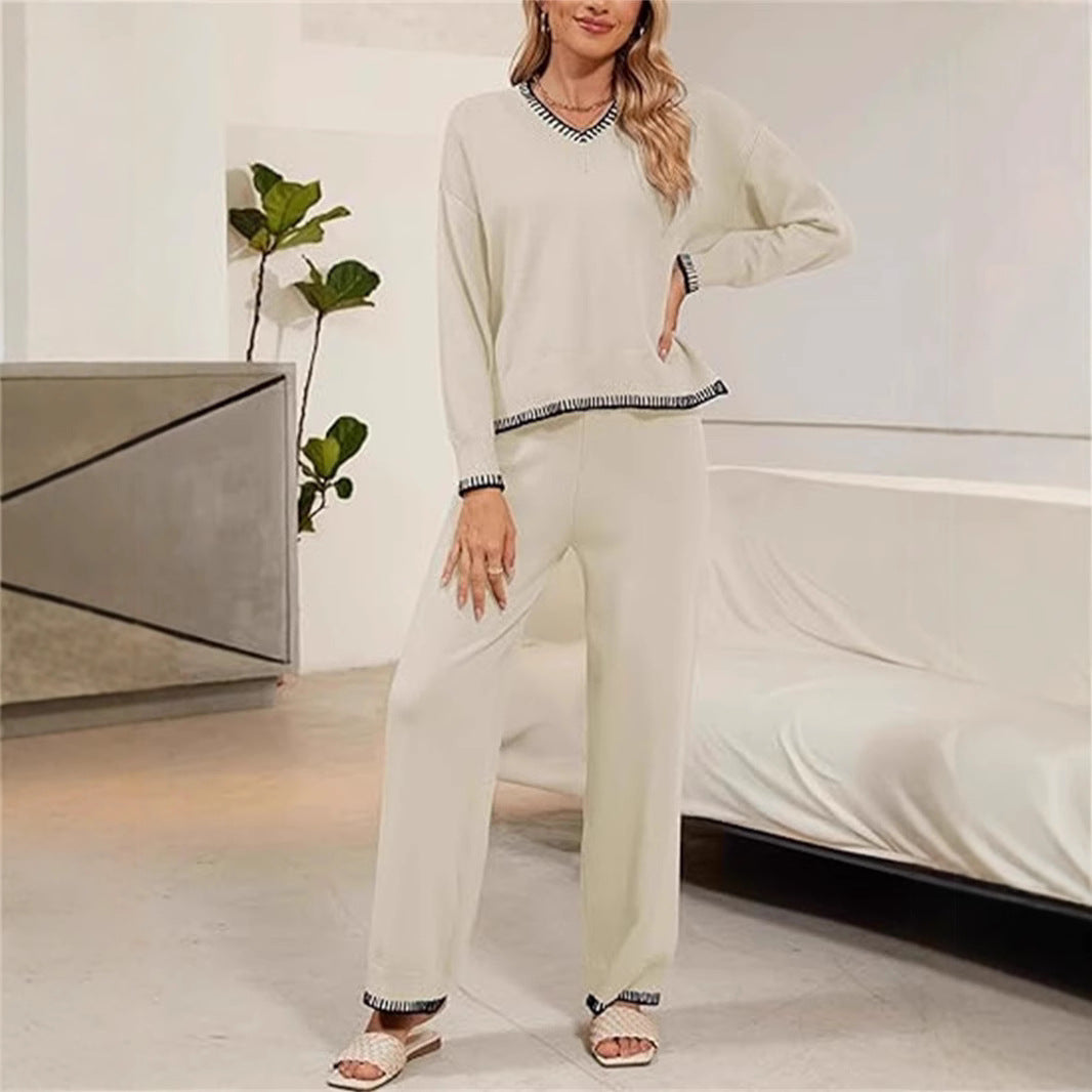 Ensemble pull et pantalon à col en V confortable pour femmes Chic und Stil