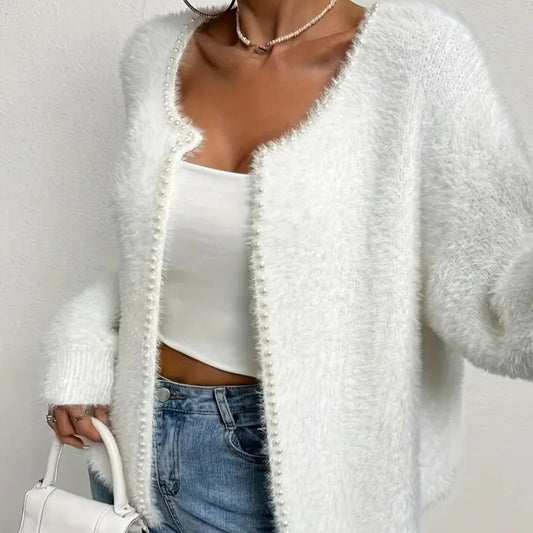 Dames cardigan en peluche avec boutons en perles et coupe décontractée Chic und Stil