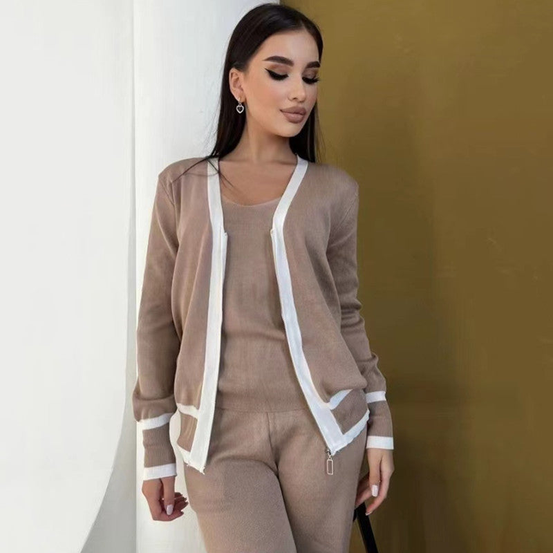 Casual knit loungewear set for women with high-quality zip cardigan and wide-leg pants Chic and Style