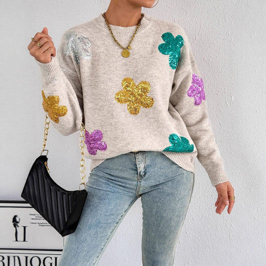 Pull en tricot pour femmes avec des appliqués de fleurs scintillants Chic und Stil
