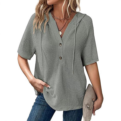 Women's short-sleeved waffle-knit blouse with hood and button placket Chic und Stil