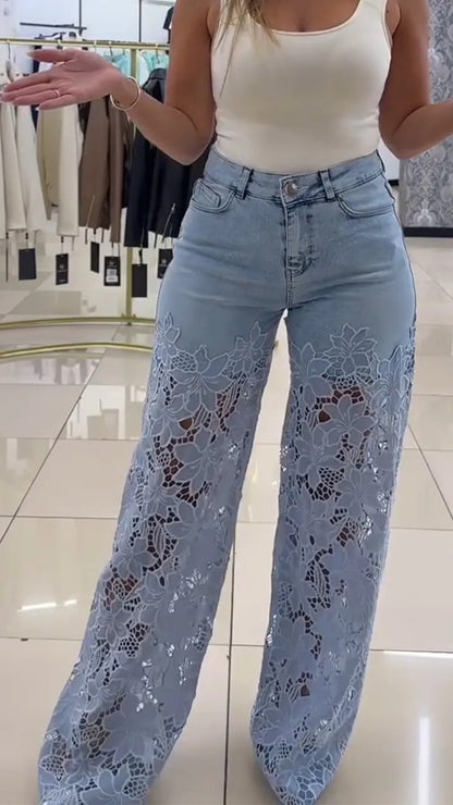 Dames Élégantes et florales Jeans Taille Haute Chic und Stil