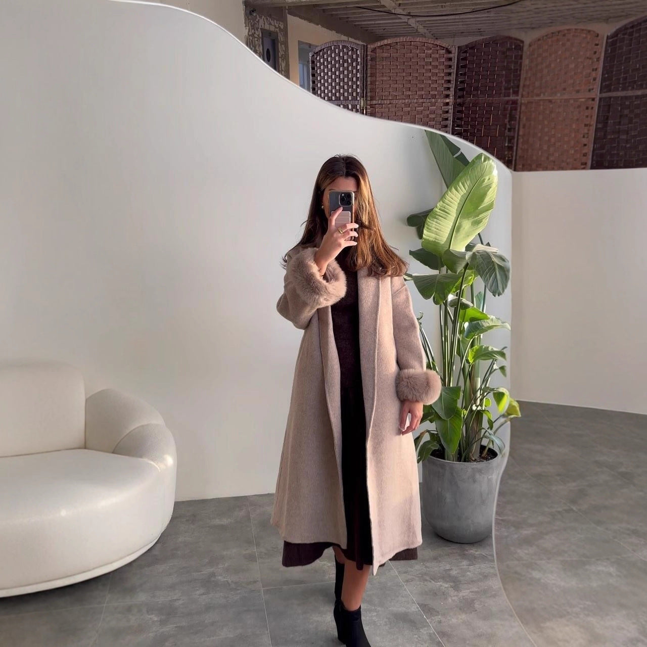 Dames Élégante Manteau Long avec Manches En Fourrure Amovibles Chic und Stil