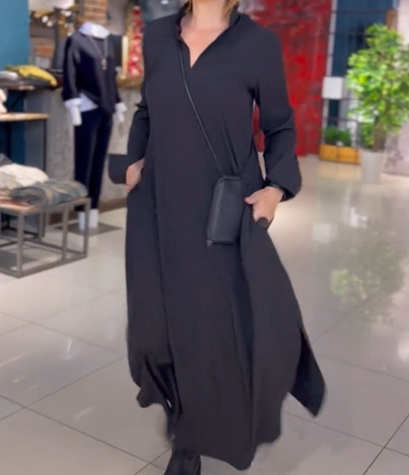 Dame Élégante robe chemise longue avec poches latérales pratiques et col Chic und Stil