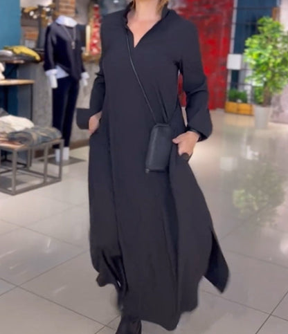Dame Élégante robe chemise longue avec poches latérales pratiques et col Chic und Stil