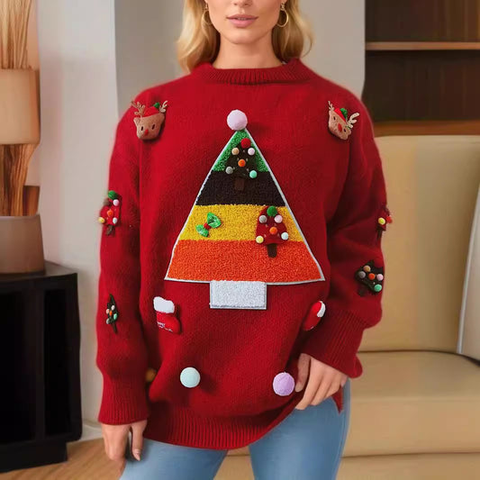 Pull de Noël pour femmes avec un design de sapin de Noël joyeux et des applications 3D Chic und Stil
