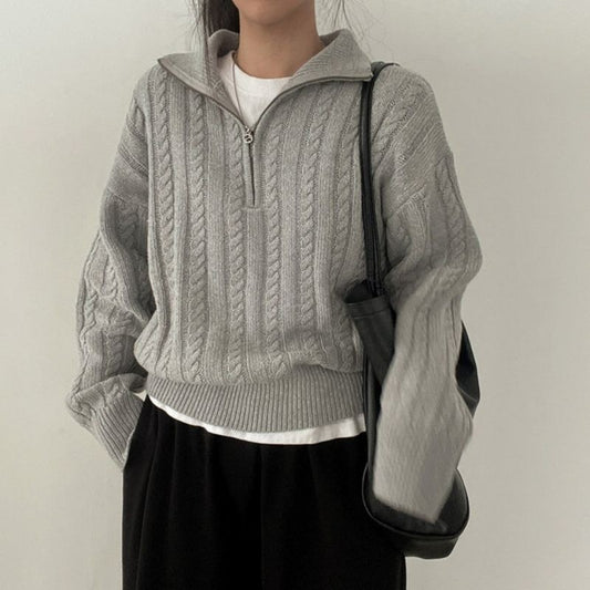 Pull en laine à tresses douillet pour femmes avec demi-fermeture éclair et larges poignets Chic und Stil