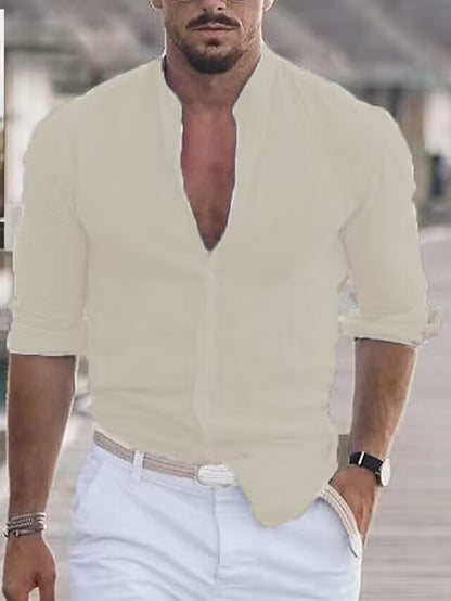 Chemise en lin décontractée pour hommes avec col montant moderne et manches roulables Chic und Stil