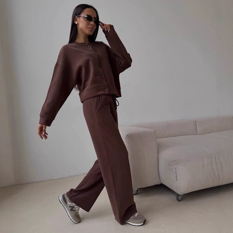 Pull-over décontracté pour femmes avec boutons et pantalon de jogging confortable Chic und Stil