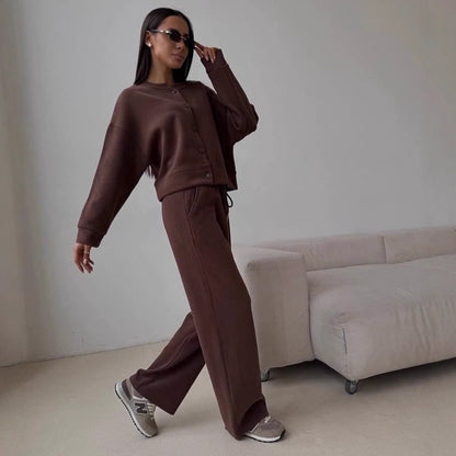 Pull-over décontracté pour femmes avec boutons et pantalon de jogging confortable Chic und Stil