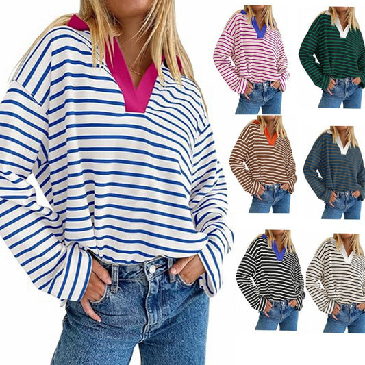 Pull d'été décontracté à rayures pour femmes avec décolleté en V et manches longues Chic und Stil