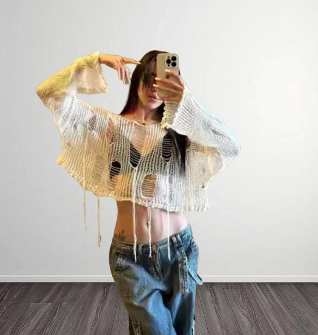 Dames Haut de crop tendance avec structure tricot aérienne et mailles ouvertes Chic und Stil