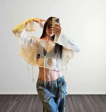 Dames Haut de crop tendance avec structure tricot aérienne et mailles ouvertes Chic und Stil