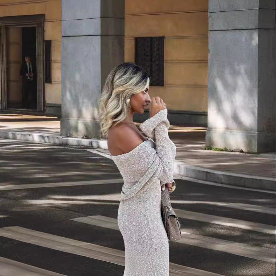 Robe tricot pour femmes avec design à épaules dénudées et effet scintillant Chic und Stil