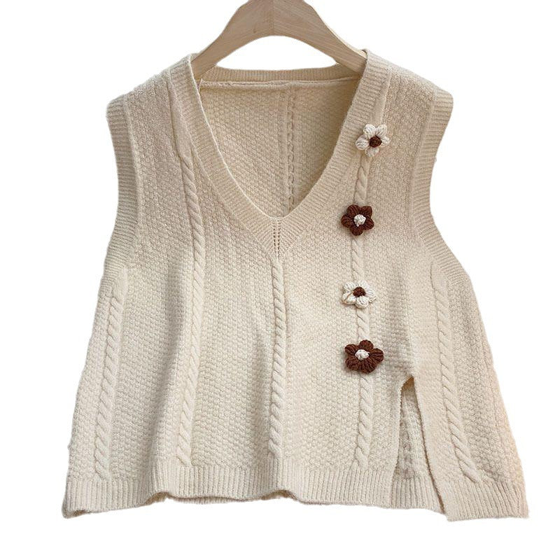Dames gros tricot gilet avec décolleté en V et accents floraux Chic und Stil