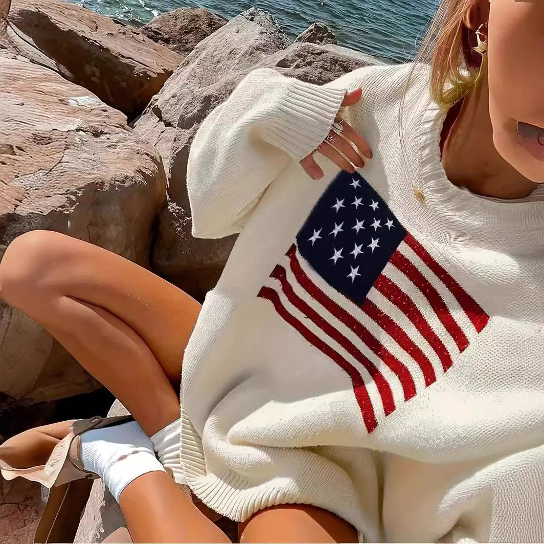 Knit sweater for women with American flag pattern Chic und Stil