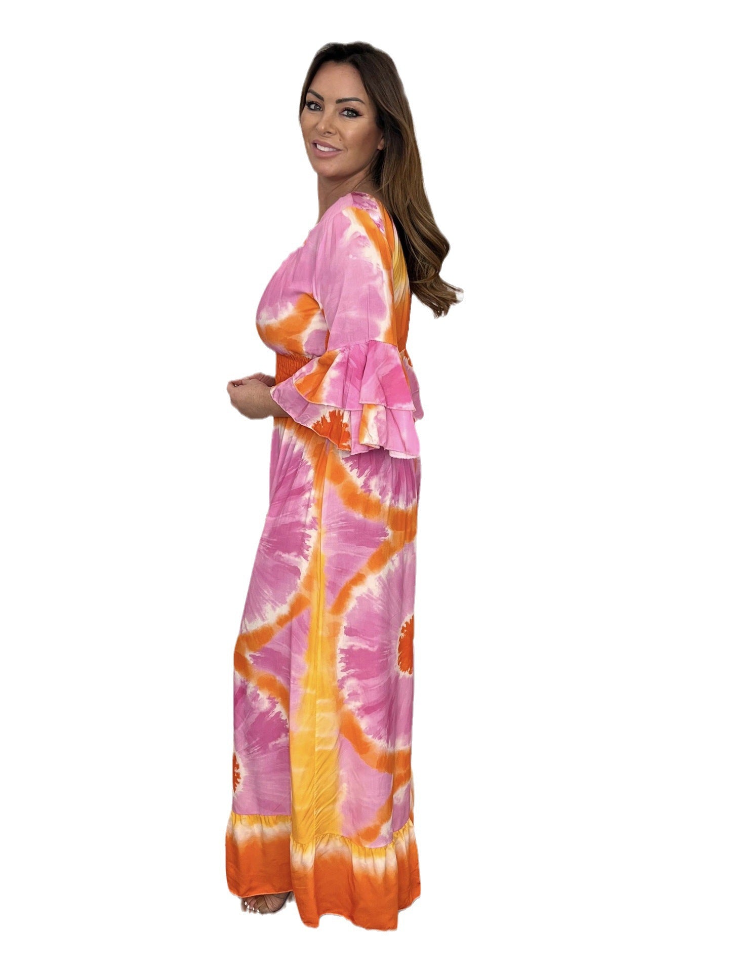 Ladies Elegant Maxi Dress with Floral Pattern and Deep V Neckline Chic and Stylish