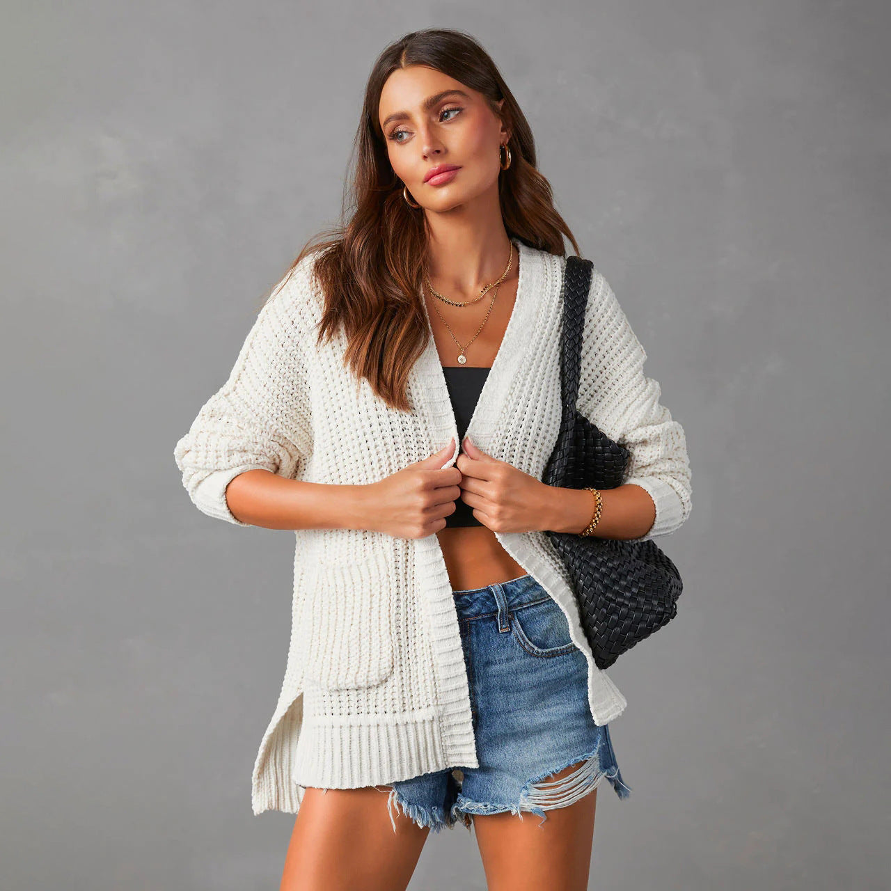 Dames Gilet en tricot décontracté avec poches et devant ouvert Chic und Stil