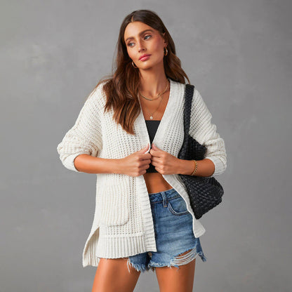 Dames Gilet en tricot décontracté avec poches et devant ouvert Chic und Stil