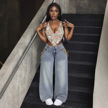 Jean ample pour femme avec des détails de lacet à la mode Chic und Stil