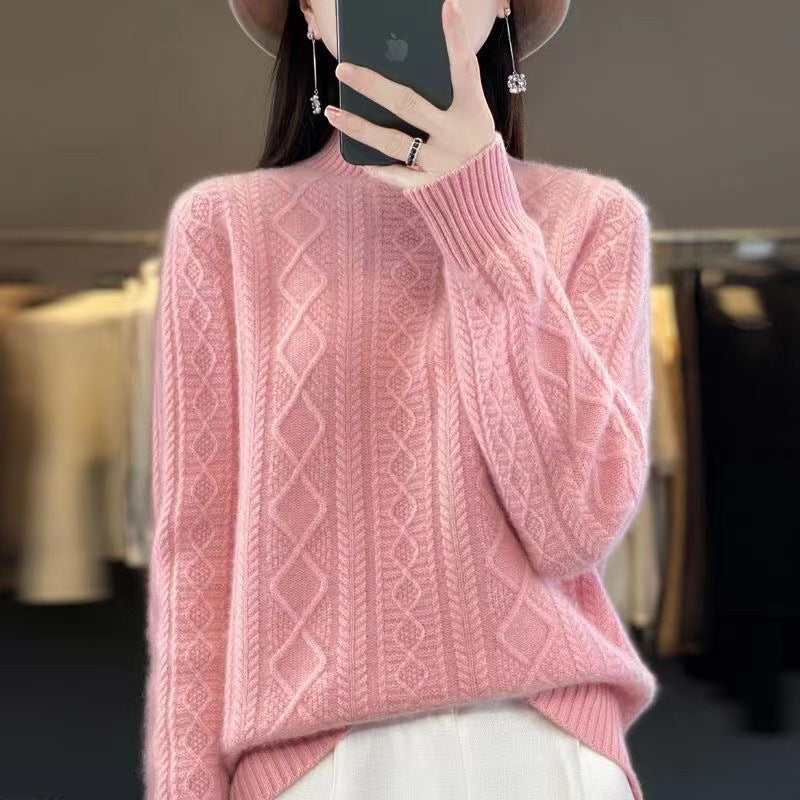 Pull en tricot de haute qualité pour femmes avec col montant et design en torsades Chic und Stil