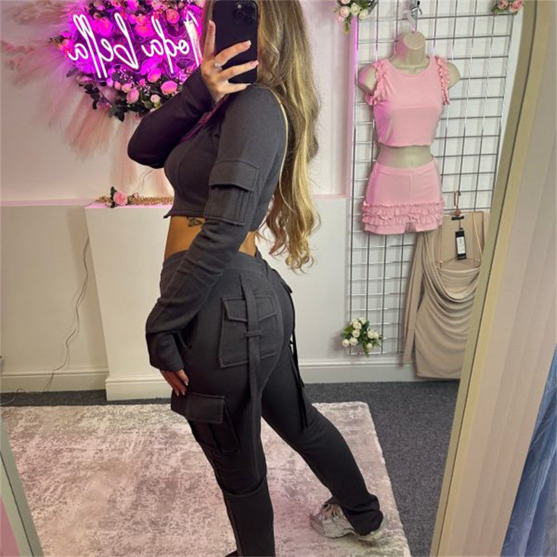 Chic and Style women's sporty crop top set and cargo pants with functional pockets
