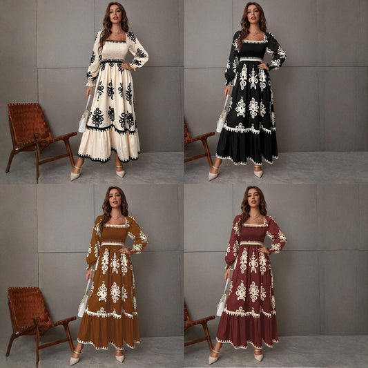 Femme Robe maxi élégante avec coupe à manches bouffantes et détails floraux Chic und Stil