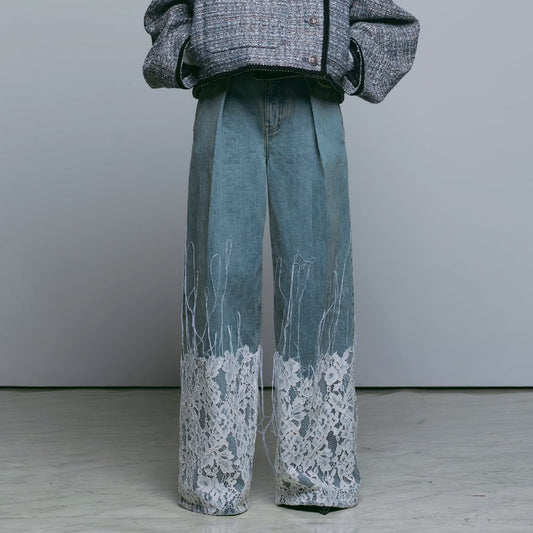 Dames Élégantes Jeans avec Applications en Dentelle Chic und Stil