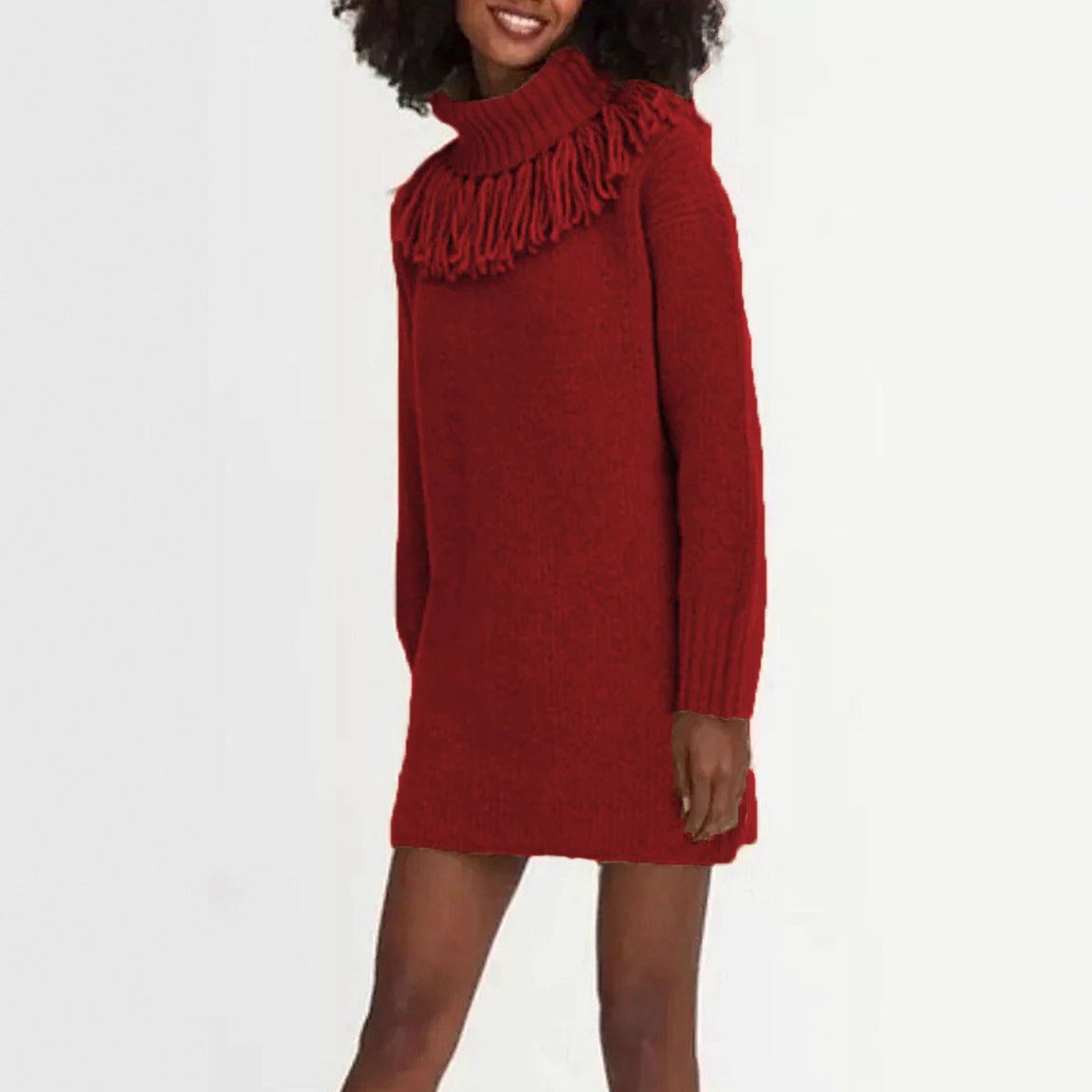 Robe tricot pour femmes avec col à franges et manches côtelées Chic und Stil