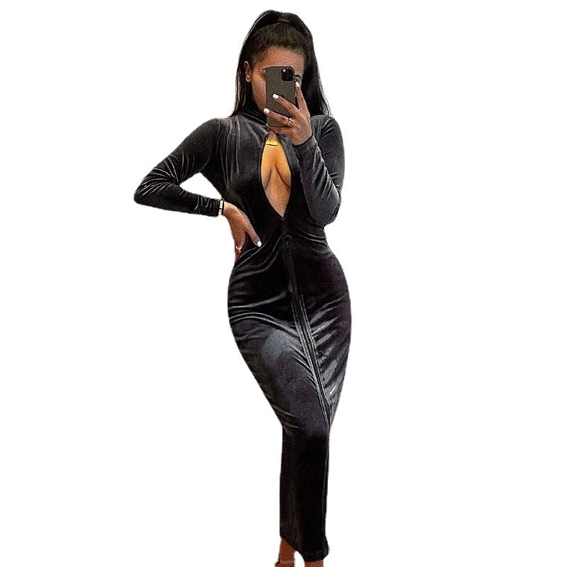 Robe maxi élégante pour femme en velours avec décolleté en V profond et manches longues Chic und Stil