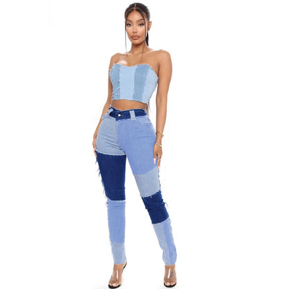 Fashionable denim pants for women with chic patchwork design.