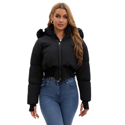 Short lined jacket for women with removable hood and warm faux fur collar Chic und Stil