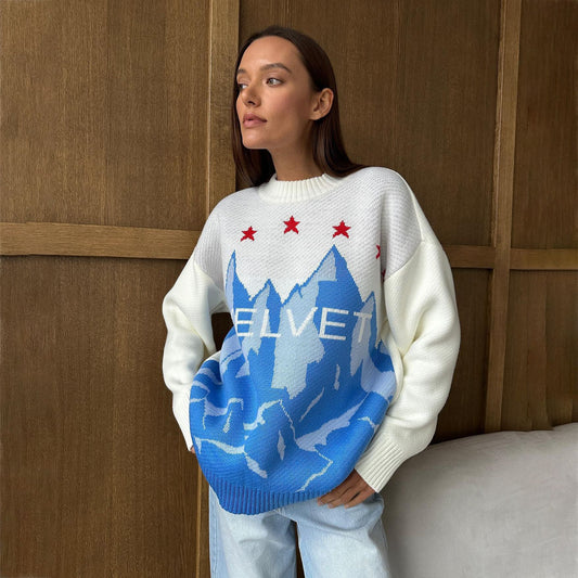 Pull en tricot pour femmes avec design graphique de montagne et étoiles stylées Chic und Stil