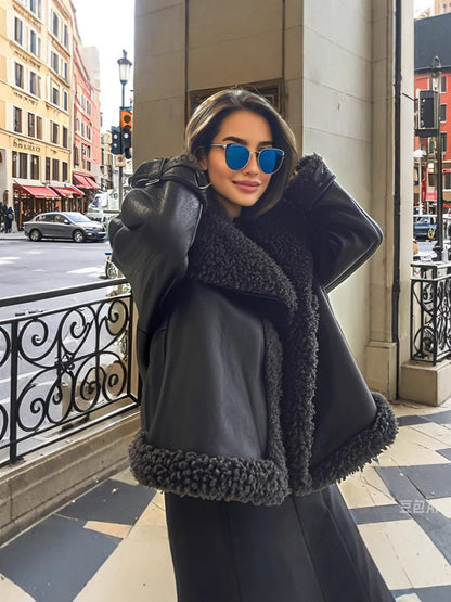 Oversized faux leather jacket for women with cozy lining Chic and Style