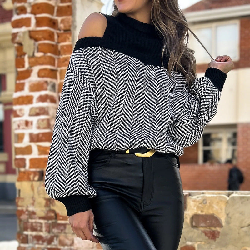 Pull femme à la mode avec design épaule dénudée et motif en zigzag Chic und Stil