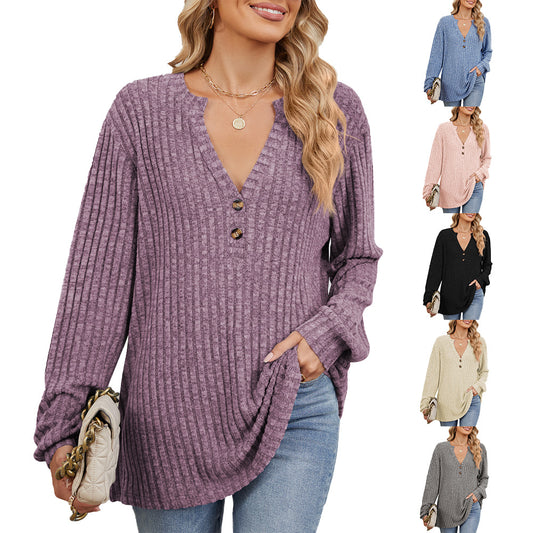 Chemisier à manches longues pour femmes avec décolleté en V texturé et détails de boutons Chic und Stil