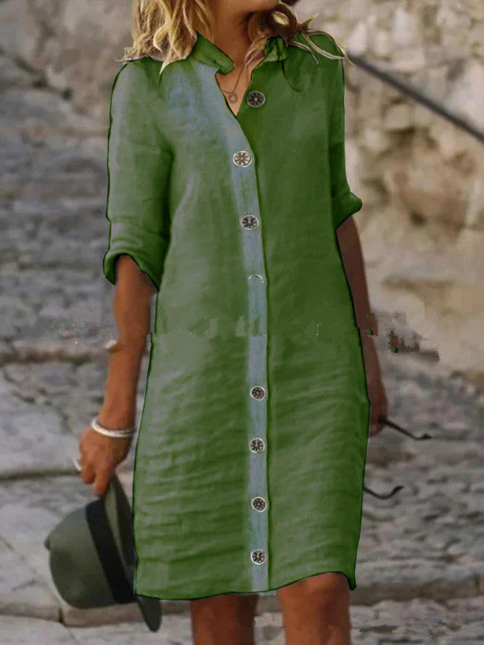 Robe chemise en lin pour femmes avec patte de boutonnage et manches retournables Chic und Stil