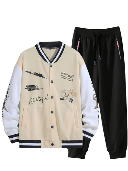 Men's College Style Sports Jacket Set and Jogging Pants with Colorful Patterns Chic and Style