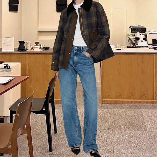 Ladies checked utility jacket with practical button detail and relaxed fit Chic and Style